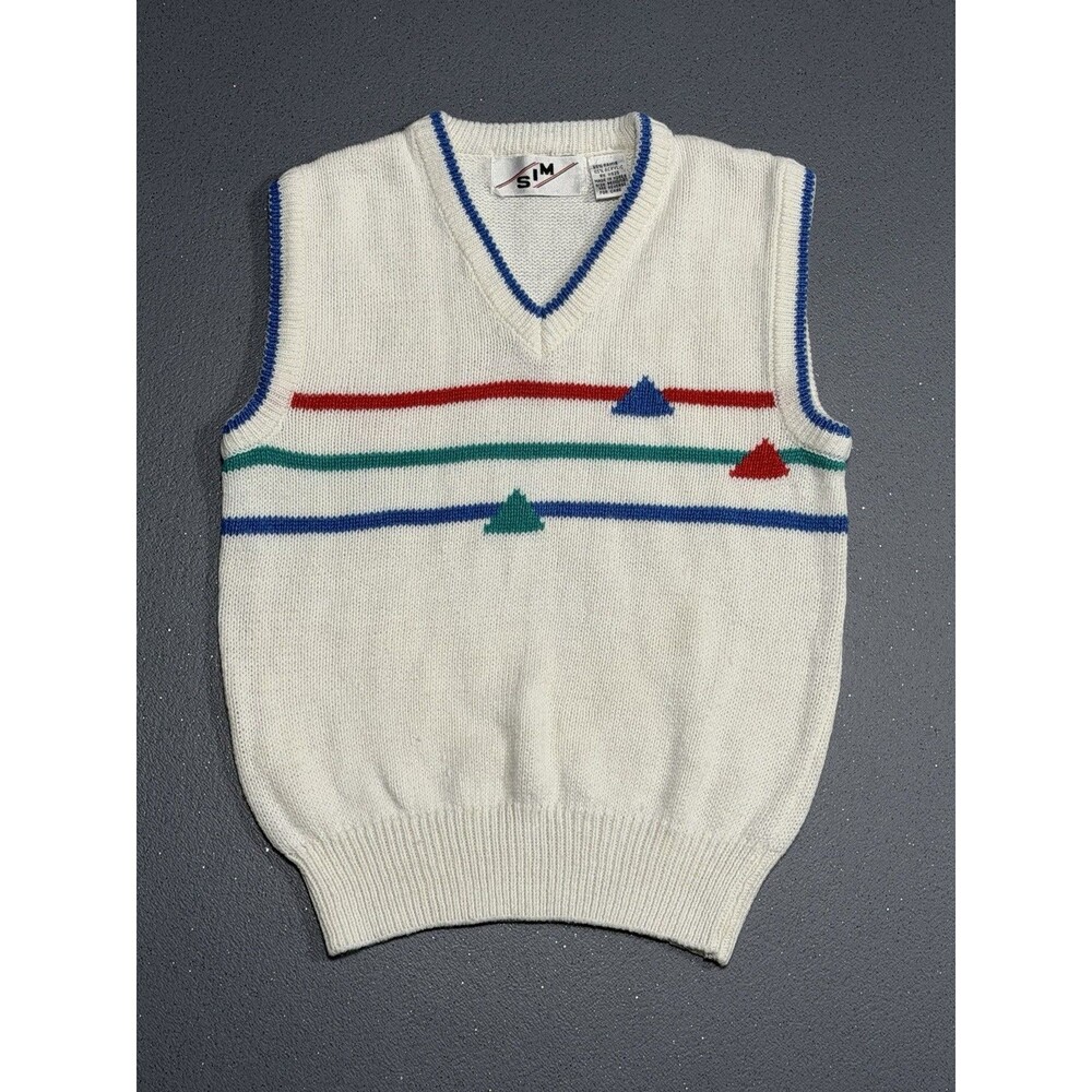 Vtg 80s SIM Knit Sweater Vest Youth M 10 12 Retro Geometric Triangles Ramie Golf